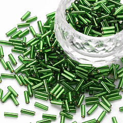 Plated Glass Bugle Beads, Metallic Colours, Green, 6~7x2mm, Hole: 1mm, about 10000pcs/Pound