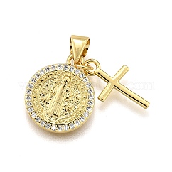 Rack Plating Brass Micro Pave Cubic Zirconia Pendants, Saint Benedict with Cross, Cadmium Free & Lead Free, Long-Lasting Plated, Real 18K Gold Plated, 15.5x13x2mm, Hole: 4.5x4mm