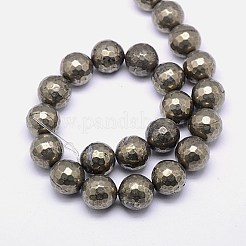 天然石パイライトビーズ連売り  ラウンド  多面カット  14mm  穴：1mm  約28個/連  15.74インチ&nbsp;G-L031-14mm-03