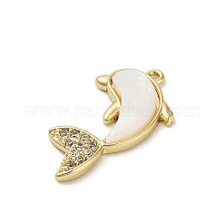 天然石ホワイトシェルペンダント  真鍮クリスタルラインストーンチャーム  ゴールドカラー  イルカ  16x17.5x3mm  穴：1mm&nbsp;KK-P301-01B-G