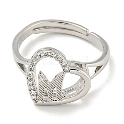 Heart with Letter Rack Plating Brass Micro Pave Cubic Zirconia Adjustable Rings for Women&nbsp;RJEW-I105-06P-M