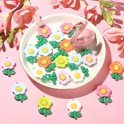 30個6色不透明樹脂ペンダント  ひまわりチャーム  プラチナトーンの鉄ループ付き  ミックスカラー  33x24x6.5mm  穴：2mm  5個/カラー&nbsp;RESI-CJ0003-08