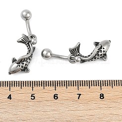 魚 316 サージカルステンレススチール ダングル へそリング  へそピアス  女性用バーベルボディジュエリー  アンティークシルバー  33x12.5mm&nbsp;EJEW-G416-15AS