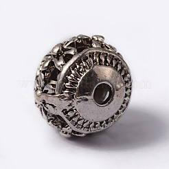 花チベットスタイル合金中空ビーズとラウンド  アンティークシルバー  11x10mm  穴：2mm&nbsp;X-TIBEB-AD-45909-AS