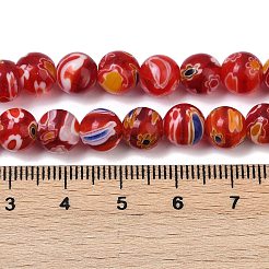 ハンドメイドミッレフィオーリ ランプワークビーズ連売り  ラウンド  ファイヤーブリック  8x7.5mm  穴：1mm  約48個/連  13.98''（35.5センチメートル）&nbsp;LAMP-G166-10A