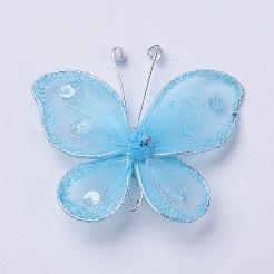 ポリエステル蝶の装飾  鉄とアクリルのラインストーンで  空色  50~56x54~56x5~7mm&nbsp;LS-DIY-WH0018-03G