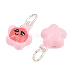 ホットピンクのエナメルチャーム付き合金  顔に花のチャーム  長持ちメッキ  ラックめっき  銀  14x11.5x6mm  穴：5.5mm&nbsp;AL-CBA415D-40S