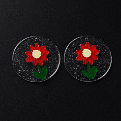 セルロースアセテート（樹脂）ペンダント  グリッターパウダー付き  花付きフラットラウンド  レッド  30x4mm  穴：1.4mm&nbsp;KY-N015-75
