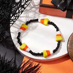 手作りランプワークのハロウィーン キャンディコーンとブラックシードビーズのストレッチブレスレット（女性用、男性用）  カラフル  内径：2-3/8インチ（6.05cm）&nbsp;BJEW-JB10459