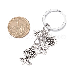 チベット風アロイキーホルダー  鉄製スプリットリング付き  花  アンティークシルバー＆プラチナ  83.5mm&nbsp;KEYC-JKC01022