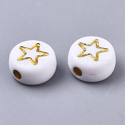 不透明なアクリルビーズ  混合模様のフラットラウンド  黄金メッキ  ホワイト  7x4mm  穴：1.6mm  3700個/約500g&nbsp;PACR-N006-005