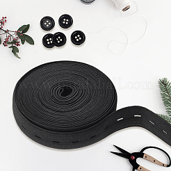 ボタンホール付き5mの平ゴム紐/バンド  5穴フラットラウンド樹脂ボタン4個付き  ブラック  19mm&nbsp;DIY-CY0002-13B