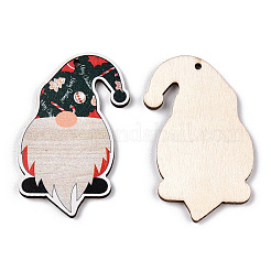 クリスマス片面プリント木製ビッグペンダント  ノームチャーム  ブラック  54x37x26mm  穴：2mm&nbsp;LS-WOOD-H102-01F