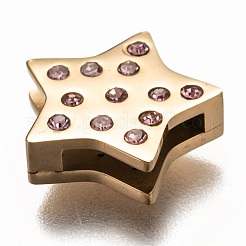 304ステンレススチールスライドチャーム  ラインストーン付き  スター  ライトアメジスト  ゴールドカラー  12x12x3.5mm  穴：8x1.5mm&nbsp;STAS-P270-26G-02