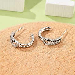 C字型真鍮マイクロパヴェキュービックジルコニアスタッドピアス（女性用）  カドミウムフリー＆鉛フリー  長持ちメッキ  ラックめっき  プラチナ  16.5x4.5mm&nbsp;EJEW-G428-21P-01