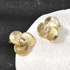 女性用真鍮クリアキュービックジルコニアスタッドピアス  クローバー  ゴールドカラー  19x20mm&nbsp;EJEW-A162-03G