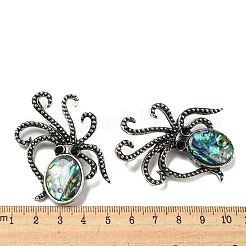 天然パウアシェル/アワビシェルタコブローチ  合金パヴェジェットラインストーン海の動物ピン  アンティークシルバー  カラフル  52.5x36.5x4~6mm  穴：7x4mm&nbsp;X-FIND-Z032-03B