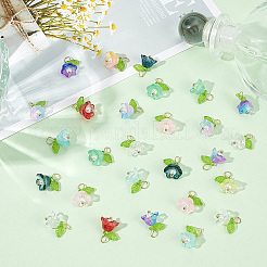 60 個 10 色のガラスフラワーペンダント  アクリル箔と真鍮のパーツ付き  ミックスカラー  17mm  穴：3.5mm  6個/カラー&nbsp;PALLOY-AB00190
