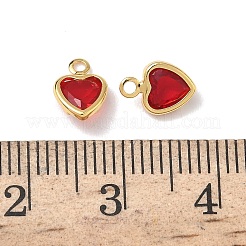 真鍮製ガラスチャーム  ハートチャーム  ニッケルフリー  多面カット  18KGP本金メッキ  レッド  8x6x2.5mm  穴：1.2mm&nbsp;KK-Z136-19G-02