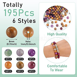 195Pcs 6 Styles Round Natural Purple Fluorite and Wood Beads Findings Kits&nbsp;G-KS0001-18