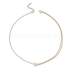 Natural Cultured Freshwater Pearl Rice Pendant 304 Stainless Steel Cable Chain Double Layer Necklaces&nbsp;X-NJEW-JN05682