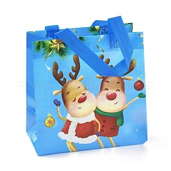 クリスマステーマラミネート不織布防水バッグ  ヘビーデューティストレージ再利用可能なショッピングバッグ  ハンドル付き長方形  ドジャーブルー  鹿の模様  21.5x11x21.2cm&nbsp;ABAG-B005-01A-04
