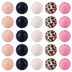 50Pcs 5 Colors Silicone Beads Loose Silicone Beads Kit Leopard Print Silicone Beads for Keychain Making Bracelet Necklace&nbsp;SIL-TA0003-35A