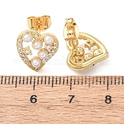 ハート真鍮マイクロパヴェクリアキュービックジルコニアスタッドピアス  ABSの模造パールと  16KGP本金メッキ  11.5x11.5mm&nbsp;EJEW-A152-03G