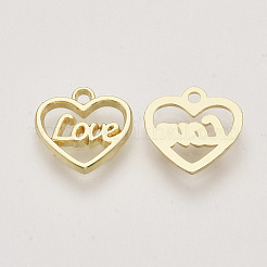 合金チャーム  単語「love」付けのハート  ライトゴールド  11.5x12x1mm  穴：1.4mm&nbsp;X-PALLOY-S121-163