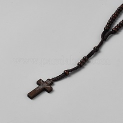 Jesus Cross Pinewood Pendant Polyester Cord Rosary Bead Necklaces for Men Women&nbsp;LS-NJEW-WH0002-243B