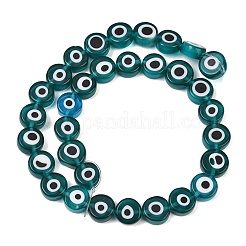 手作りのナザールボンジュウのランプワークビーズ  フラットラウンド  グリーン  11.5~12.5x5.5~5.8mm  穴：1.4mm  約32個/連  14.17インチ（36cm）&nbsp;LAMP-C028-02A