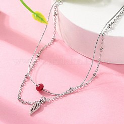304 Stainless Steel & Dyed Natural White Jade Feather Pendant Double Layer Necklaces for Women&nbsp;NJEW-A045-20P