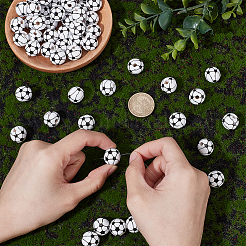60個塗装天然木ヨーロピアンビーズ  大穴ビーズ  印刷  サッカー  ホワイト  16x15mm  穴：4mm&nbsp;WOOD-UN0001-21