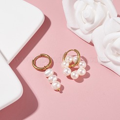 ナチュラルパールビーズダングルフープピアス  女の子の女性のためのビーズリング＆タッセルドロップ非対称イヤリング  ゴールドカラー  ホワイトスモーク  32x21mm  ピン：1mm&nbsp;EJEW-JE04726