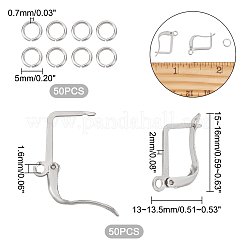 ラッチバック留め具付き304ステンレススチールフープピアス金具50個  50個の丸カン付き  ステンレス鋼色  15~16x13~13.5x2mm  穴：1.6mm  ピン：0.6x1mm&nbsp;STAS-UN0034-70