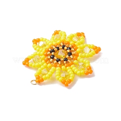 ガラスシードビーズのひまわりペンダント  304ステンレススチールのジャンプリングとアクリル＆ガラスビーズ付き  18KGP本金メッキ  きいろ  36x35x6mm  穴：3mm&nbsp;PALLOY-MZ00855