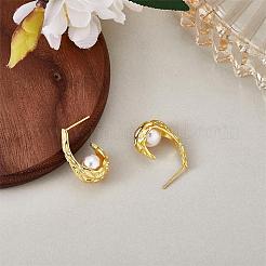 天然パールティアドロップスタッドピアス  ハーフフープピアス  ゴールドカラー  22.5x9.5x14mm  ピン：0.8mm&nbsp;JE1078A
