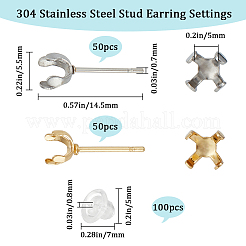 100個 2色 304ステンレススチールスタッドピアス金具  プロングイヤリングのセッティング  100個のプラスチック製イヤーナット付き  ゴールデン·ステンレス鋼色  14.5x5.5mm  トレイ：5mm  ピン：0.7mm  50個/カラー&nbsp;STAS-SC0006-50
