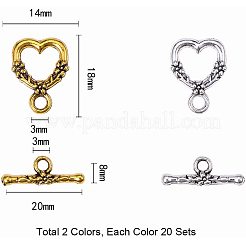 チベットスタイル合金ハートトグル留め金  アンティークシルバー＆アンティーク金色  ハート：18x14x3mm  穴：3mm  バー：20x8x3mm  穴：3mm  40セット /箱&nbsp;PALLOY-PH0005-55