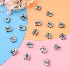 A級ラインストーン付き合金頭文字スライドチャーム  個性的名前のネックレスの作成  鉛フリーとニッケルフリー  プラチナ  文字.u  12~13x8~13x4~5mm  穴：8x2mm&nbsp;ALRI-R032-U-FF