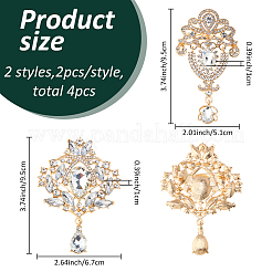 4個 2スタイル 合金ラインストーンブローチ  ティアドロップの花  クリスタル  ゴールドカラー  95x51~67x10~15mm  2個/スタイル&nbsp;JEWB-FH0002-23
