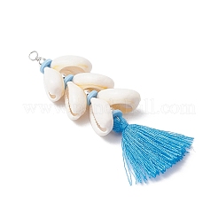 Natural Cowrie Shell & Handmade Polymer Clay Beads & Handmade Polycotton Tassel Big Pendants&nbsp;PALLOY-JF03785