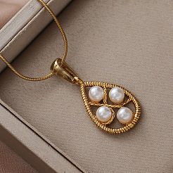 304 Stainless Steel with Imitation Pearl Teardrop Pendant Necklaces for Women&nbsp;BY5835
