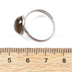 半円形の天然タイガーアイ指輪  女性用304ステンレススチール調節可能リング  ラウンドカボション：10mm  usサイズ6（16.5mm）  3mm&nbsp;RJEW-M062-01P-25