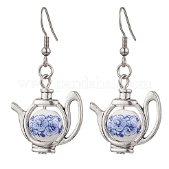 304 Stainless Steel Handmade Flower Printed Porcelain Ceramic Beads Dangle Earrings&nbsp;EJEW-JE06288