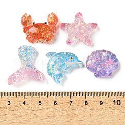 海洋動物の透明樹脂カボション  混合図形  スパンコール入り  ミックスカラー  18~26x20~25x7~7.5mm&nbsp;RE-CBAC151-04