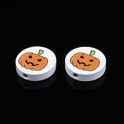ハロウィンプリント天然木ビーズ  カボチャ柄のフラットラウンド  ダークオレンジ  20x5.9mm  穴：2mm&nbsp;WOOD-T021-91