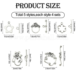 20個 5スタイルの花柄チベットスタイル合金トグル留め金  アンティークシルバー  花：16~28x15~20mm  バー：16~36x4~5mm  穴：2~2.5mm  4個/スタイル&nbsp;FIND-YW0005-24