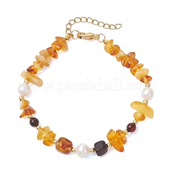 Natural Amber & Cultured Freshwater Pearl & Brass Beaded Bracelets for Women&nbsp;BJEW-JB13660