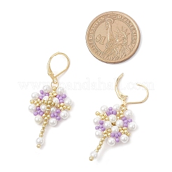十字架付き花 304ステンレススチールイヤリング ガラスシード フレンチフックピアス  ゴールドカラー  ライラック  49x20.5mm&nbsp;EJEW-MZ00507-03